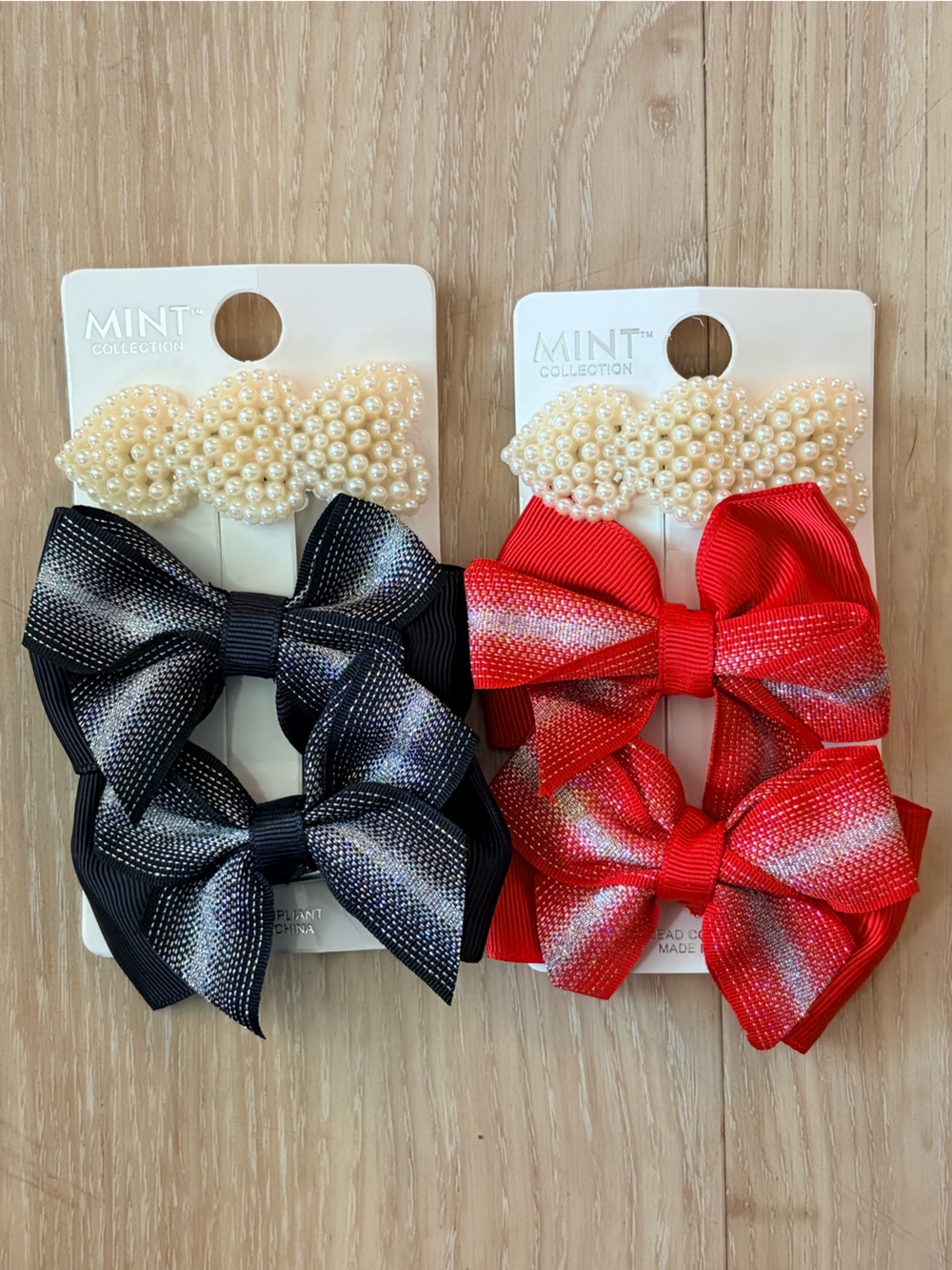 Kids Bow Hair Clips with Pearl Accent - Red & Black